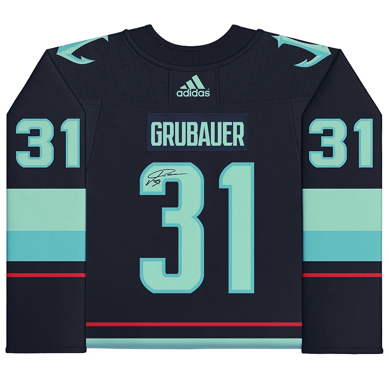 Philipp Grubauer Seattle Kraken Autographed Deep Sea Blue adidas Authentic Jersey with Inaugural Season Jersey Patch
