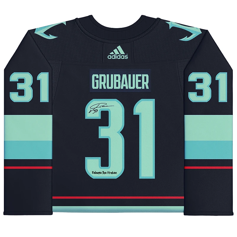 Philipp Grubauer Seattle Kraken Autographed Deep Sea Blue adidas Authentic Jersey with "Release The Kraken" Inscription and Inaugural Season Jersey Patch