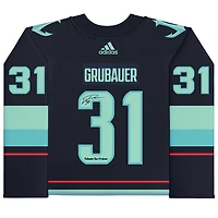 Philipp Grubauer Seattle Kraken Autographed Deep Sea Blue adidas Authentic Jersey with "Release The Kraken" Inscription and Inaugural Season Jersey Patch