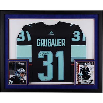 Maillot authentique Adidas bleu marine encadré de luxe autographié par Philipp Grubauer des Seattle Kraken
