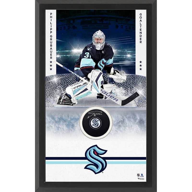 Rondelle de hockey encadrée autographiée par Philipp Grubauer du Seattle Kraken