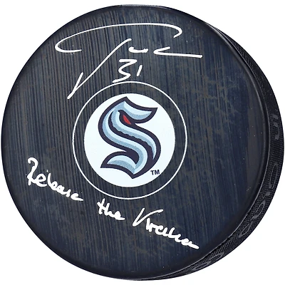 Philipp Grubauer Seattle Kraken Autographed Hockey Puck with "Release The Kraken" Inscription