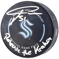 Philipp Grubauer Seattle Kraken Autographed Official Game Puck with "Release The Kraken" Inscription