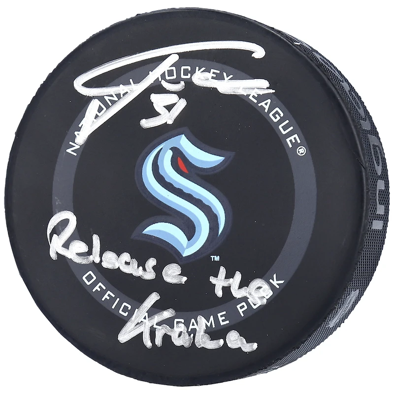 Philipp Grubauer Seattle Kraken Autographed Official Game Team Puck with "Release The Kraken" Inscription