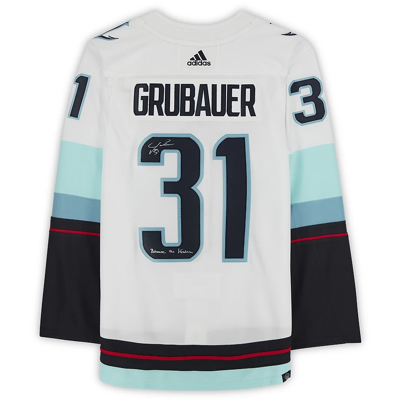 Philipp Grubauer Seattle Kraken Autographed White adidas Authentic Jersey with ''Release The Kraken'' Inscription and Inaugural Season Jersey Patch