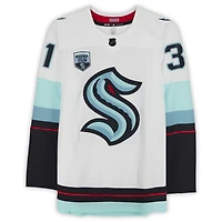 Philipp Grubauer Seattle Kraken Autographed White adidas Authentic Jersey with ''Release The Kraken'' Inscription and Inaugural Season Jersey Patch