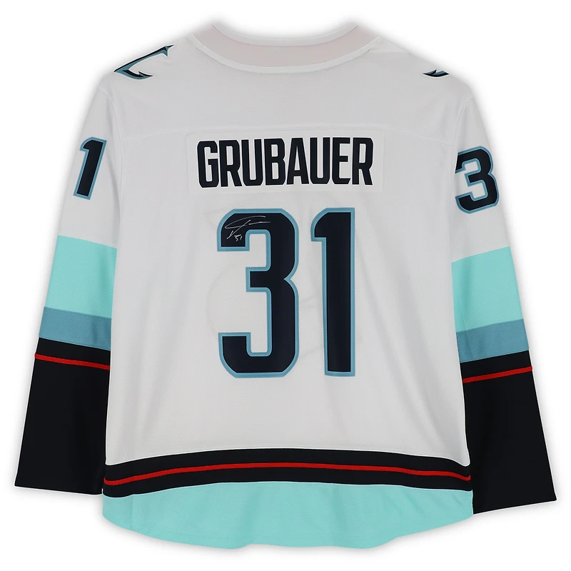 Philipp Grubauer Seattle Kraken Autographed White Fanatics Breakaway Jersey with Inaugural Season Jersey Patch