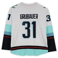 Philipp Grubauer Seattle Kraken Autographed White Fanatics Breakaway Jersey with Inaugural Season Jersey Patch
