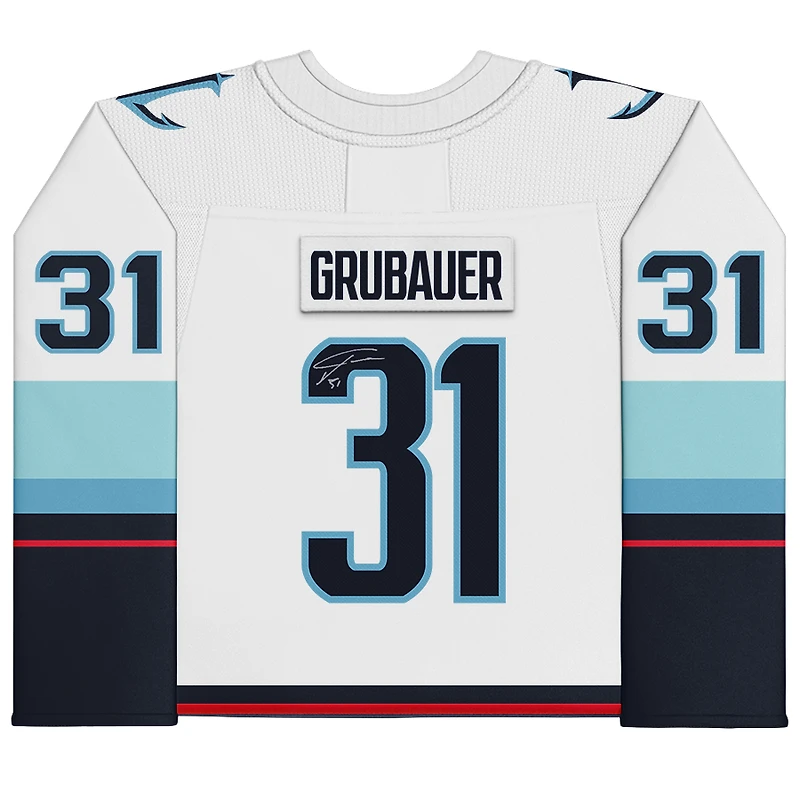 Philipp Grubauer Seattle Kraken Autographed White Fanatics Breakaway Jersey with Inaugural Season Jersey Patch