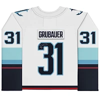 Philipp Grubauer Seattle Kraken Autographed White Fanatics Breakaway Jersey with Inaugural Season Jersey Patch
