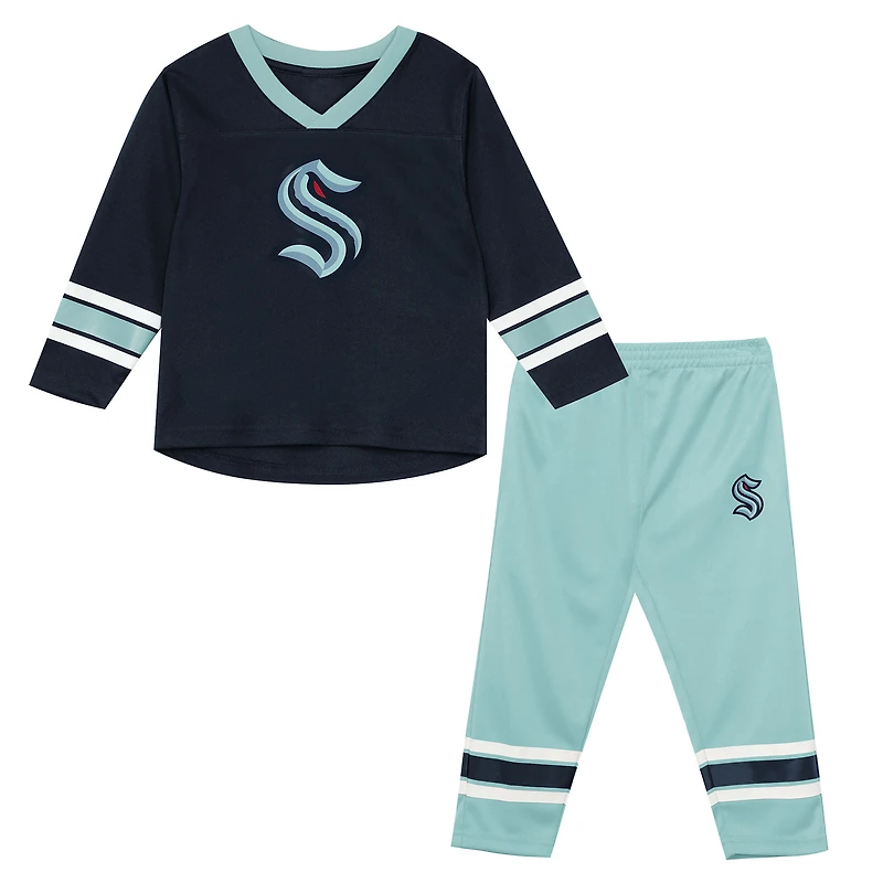 Ensemble t-shirt à manches longues et pantalon Preschool Outerstuff Deep Sea Blue/Light Blue Seattle Kraken Denting the Net