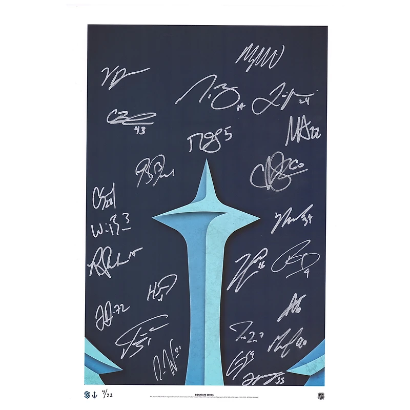 Seattle Kraken Autographed 14" x 20" Minimalist Print by S. Preston with Multiple Signatures - Limited Edition of 32