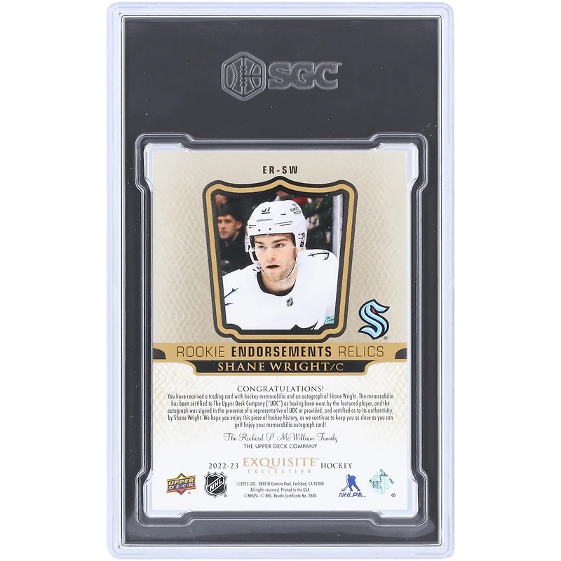 Shane Wright Seattle Kraken Autographed 2022-23 Upper Deck The Cup Exquiste Collection Rookie Endorsement Relic #ER-SW #14/50 SGC Authenticated 9/10 Rookie Card