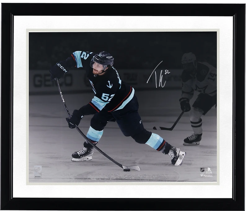 Tye Kartye Seattle Kraken Autographed 16" x 20" Deep Sea Blue Jersey Shooting Photograph