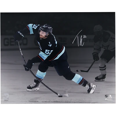 Tye Kartye Seattle Kraken Autographed 16" x 20" Deep Sea Blue Jersey Shooting Photograph