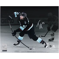 Tye Kartye Seattle Kraken Autographed 8" x 10" Deep Sea Blue Jersey Shooting Photograph