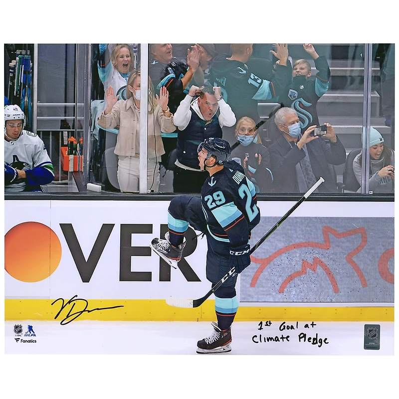 Vince Dunn Seattle Kraken Autographed 16'' x 20'' Deep Sea Blue Jersey Celebration Photograph with ''1st Goal At Climate Pledge'' Inscription
