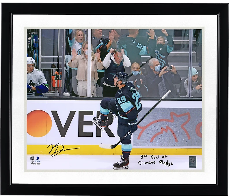 Vince Dunn Seattle Kraken Autographed 16'' x 20'' Deep Sea Blue Jersey Celebration Photograph with ''1st Goal At Climate Pledge'' Inscription