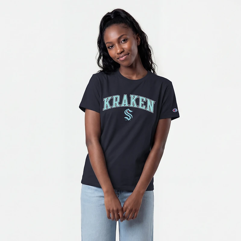 T-shirt Champion pour femmes, bleu marine, logo mascotte Seattle Kraken Arch