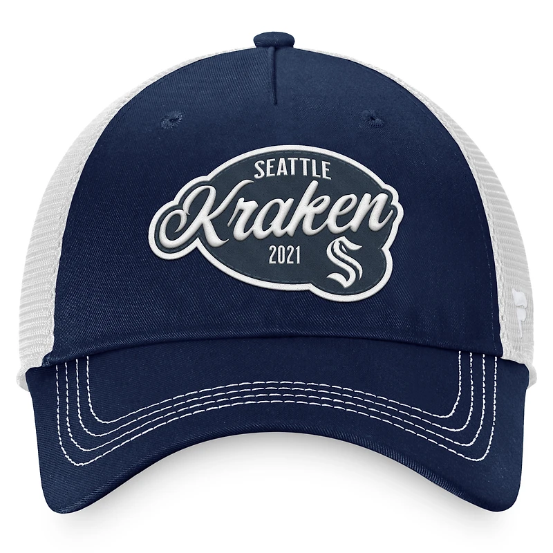 Casquette ajustable Seattle Kraken Fundamental Trucker Fanatics Deep Sea bleu/blanc pour femmes