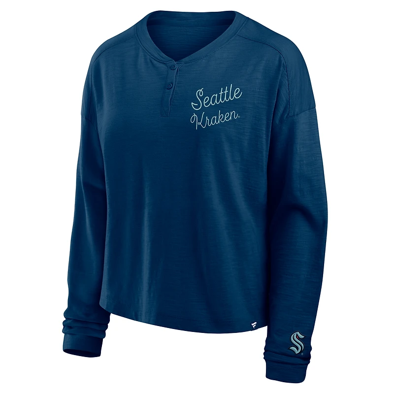 T-shirt Henley surdimensionné à manches longues pour femme Fanatics Deep Sea Blue Seattle Kraken All Out Effort