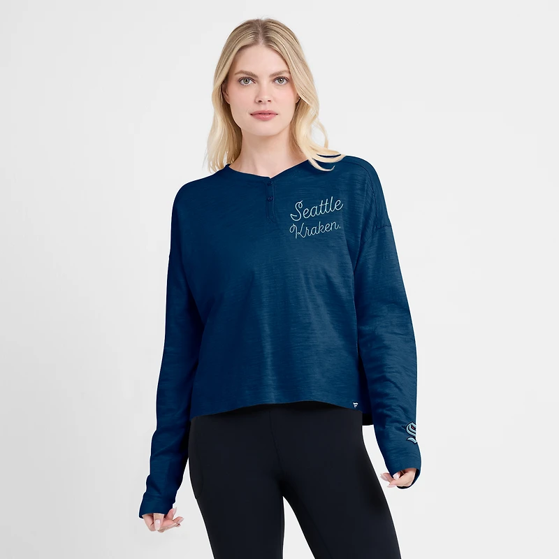T-shirt Henley surdimensionné à manches longues pour femme Fanatics Deep Sea Blue Seattle Kraken All Out Effort