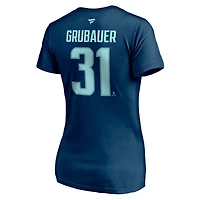 Women's Fanatics Philipp Grubauer Deep Sea Blue Seattle Kraken Authentic Stack Name & Number V-Neck T-Shirt