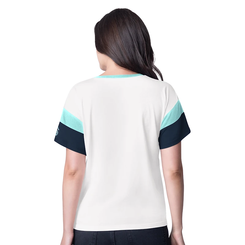 T-shirt surdimensionné à col en V et strass pour femme G-III 4Her by Carl Banks, blanc, patinoire Seattle Kraken