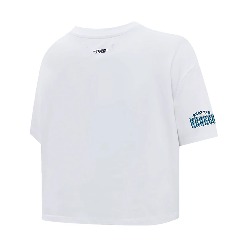 T-shirt court Pro Standard blanc Seattle Kraken Boxy Script Tail pour femmes