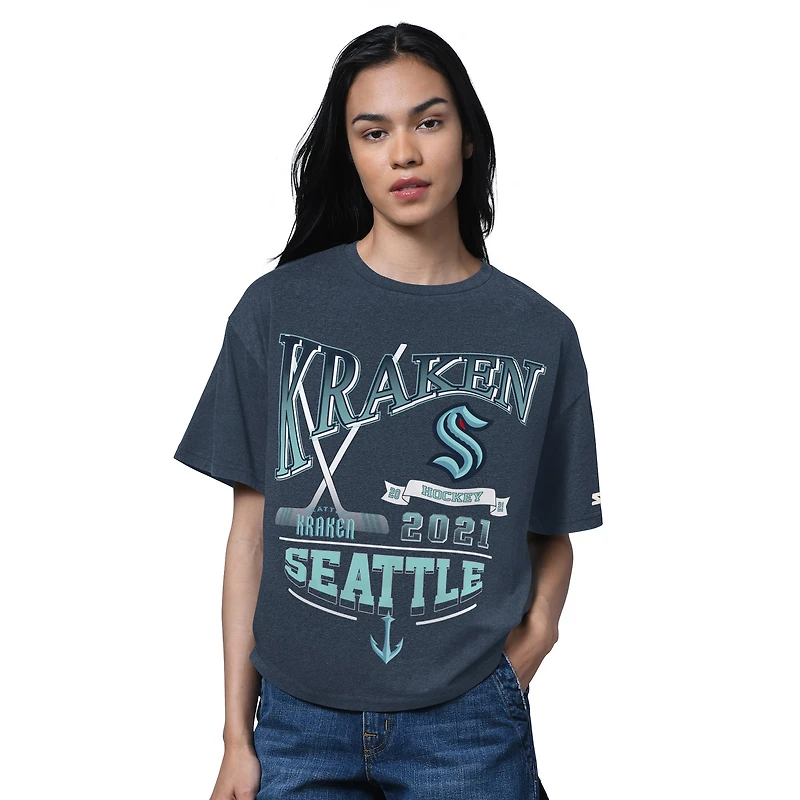 Women's Starter Heather Deep Sea Blue Seattle Kraken Oversized Hall of Fame T-Shirt