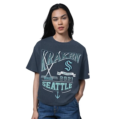Women's Starter Heather Deep Sea Blue Seattle Kraken Oversized Hall of Fame T-Shirt