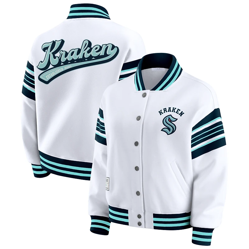 Women's WEAR by Erin Andrews White/Deep Sea Blue Seattle Kraken Full-Snap Fleece Sweatshirt Jacket