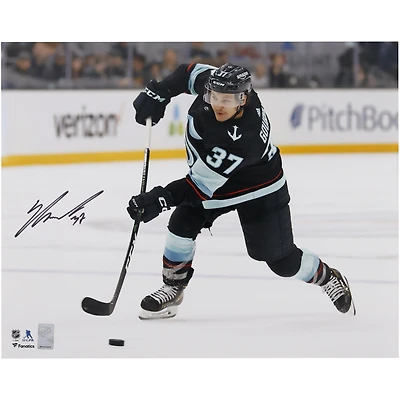 Yanni Gourde Seattle Kraken Autographed 16" x 20" Navy Jersey Shooting Photograph