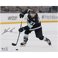 Yanni Gourde Seattle Kraken Autographed 16" x 20" Navy Jersey Shooting Photograph