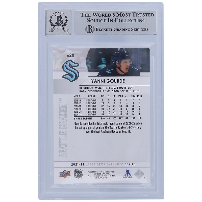 Yanni Gourde Seattle Kraken Autographed 2021-22 Upper Deck Extended Series #628 Beckett Fanatics Witnessed Authenticated Card