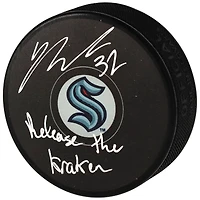 Yanni Gourde Seattle Kraken Autographed Hockey Puck with "Release The Kraken" Inscription