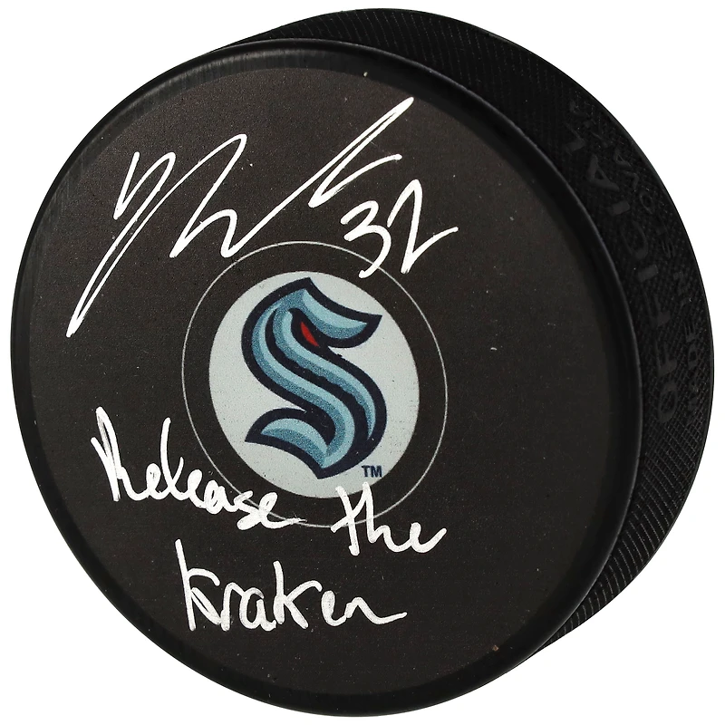 Yanni Gourde Seattle Kraken Autographed Hockey Puck with "Release The Kraken" Inscription