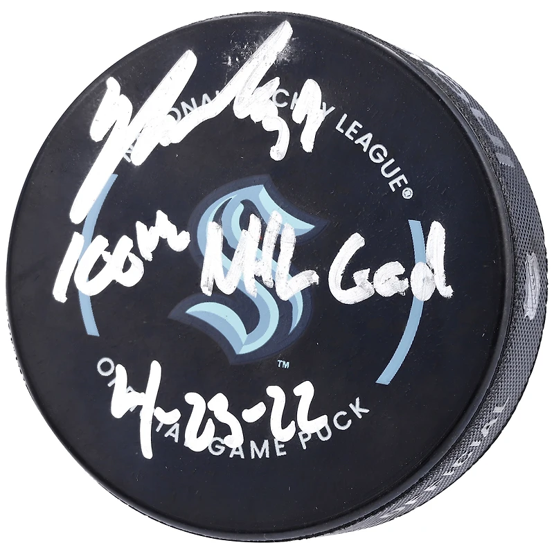 Yanni Gourde Seattle Kraken Autographed Official Game Puck with "100th NHL Goal 4-23-22" Inscription
