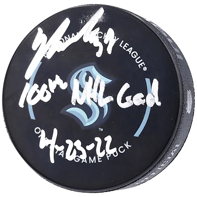 Yanni Gourde Seattle Kraken Autographed Official Game Puck with "100th NHL Goal 4-23-22" Inscription