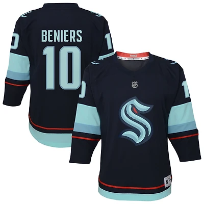 Maillot de joueur alternatif réplique la marine Matty Beniers pour les jeunes du Seattle Kraken