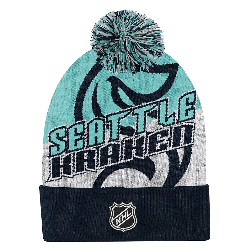 Bonnet en tricot à revers et pompon Seattle Kraken New Edge pour jeunes Outerstuff bleu marine