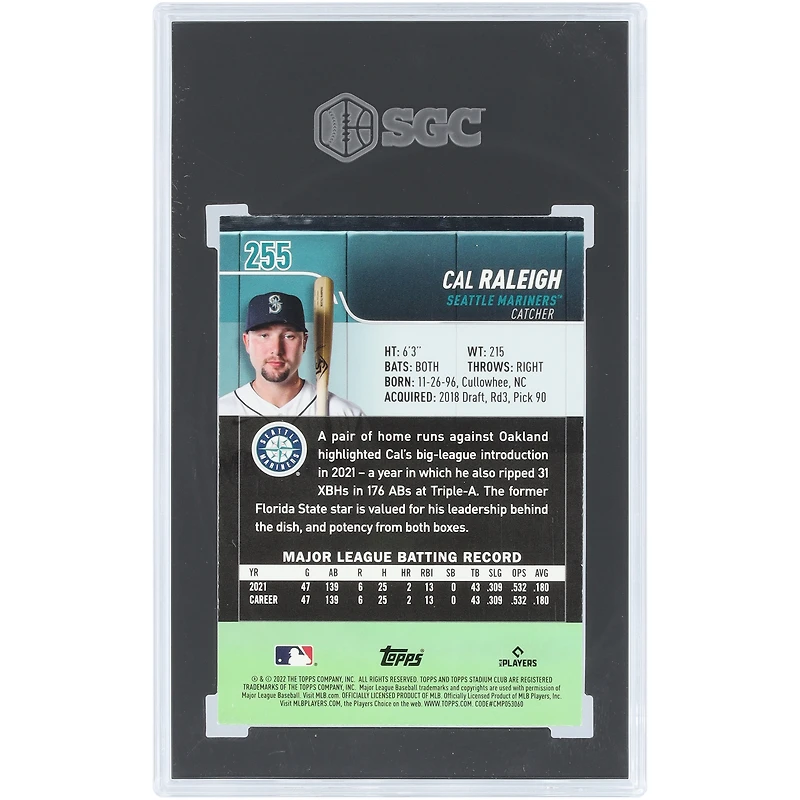 Cal Raleigh Seattle Mariners 2022 Topps Stadium Club Photographer's Proof #255 SGC Authenticated 9 Rookie Card
