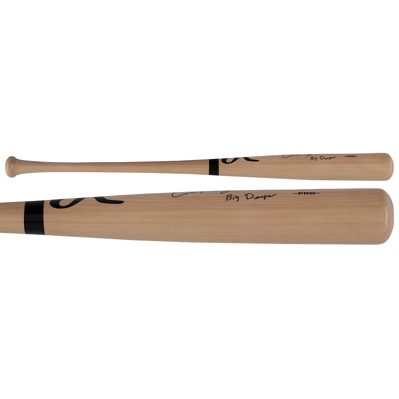 Batte de baseball professionnelle Blonde Rawlings autographiée par Cal Raleigh des Seattle Mariners avec l'inscription « Big Dumper »
