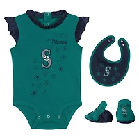 Ensemble body, bavoir et chaussons Happy Baseball Fanatics Aqua Seattle Mariners pour filles nouveau-nés nourrissons