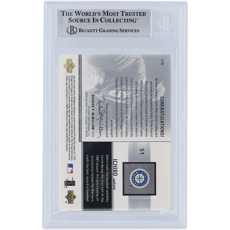 Ichiro Suzuki Seattle Mariners Autographed 2002 Upper Deck Signed Game Jersey Relic Card #J-IS #87/200 BGS Authenticated 9 Card