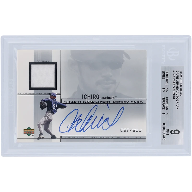 Ichiro Suzuki Seattle Mariners Autographed 2002 Upper Deck Signed Game Jersey Relic Card #J-IS #87/200 BGS Authenticated 9 Card