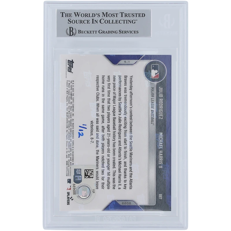 Julio Rodríguez Seattle Mariners and Michael Harris II Atlanta Braves Autographed 2022 Topps Now #887 #1/12 Beckett Fanatics Witnessed Authenticated Rookie Card with "22 AL ROY" and "22 NL ROY" Inscriptions