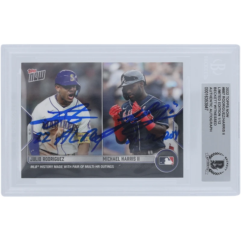 Julio Rodríguez des Mariners de Seattle et Michael Harris II des Braves d'Atlanta ont autographié la carte Topps 2022 n° 887 n° 1/12 de Beckett Fanatics, qui a été témoin d'une carte de recrue authentifiée avec les inscriptions « 22 AL ROY » et « 22 NL ROY »