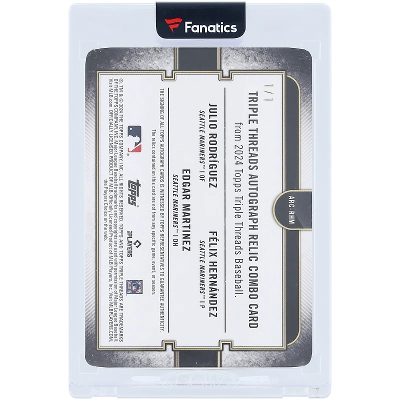 Carte autographiée par Julio Rodriguez, Felix Hernandez et Edgar Martinez des Mariners de Seattle (édition 2024 Topps Triple Threads, relique de match, White Whale #ARC-RHM #1/1)