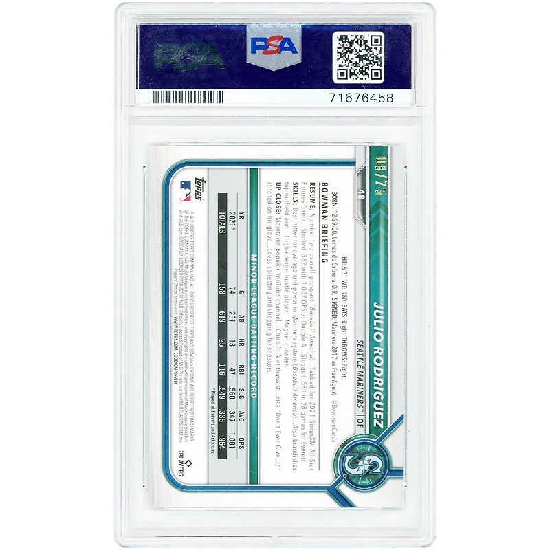 Carte de recrue Julio Rodriguez Seattle Mariners 2022 Bowman Chrome Yellow Refractor n° 48, n° 8/75, authentifiée PSA 9